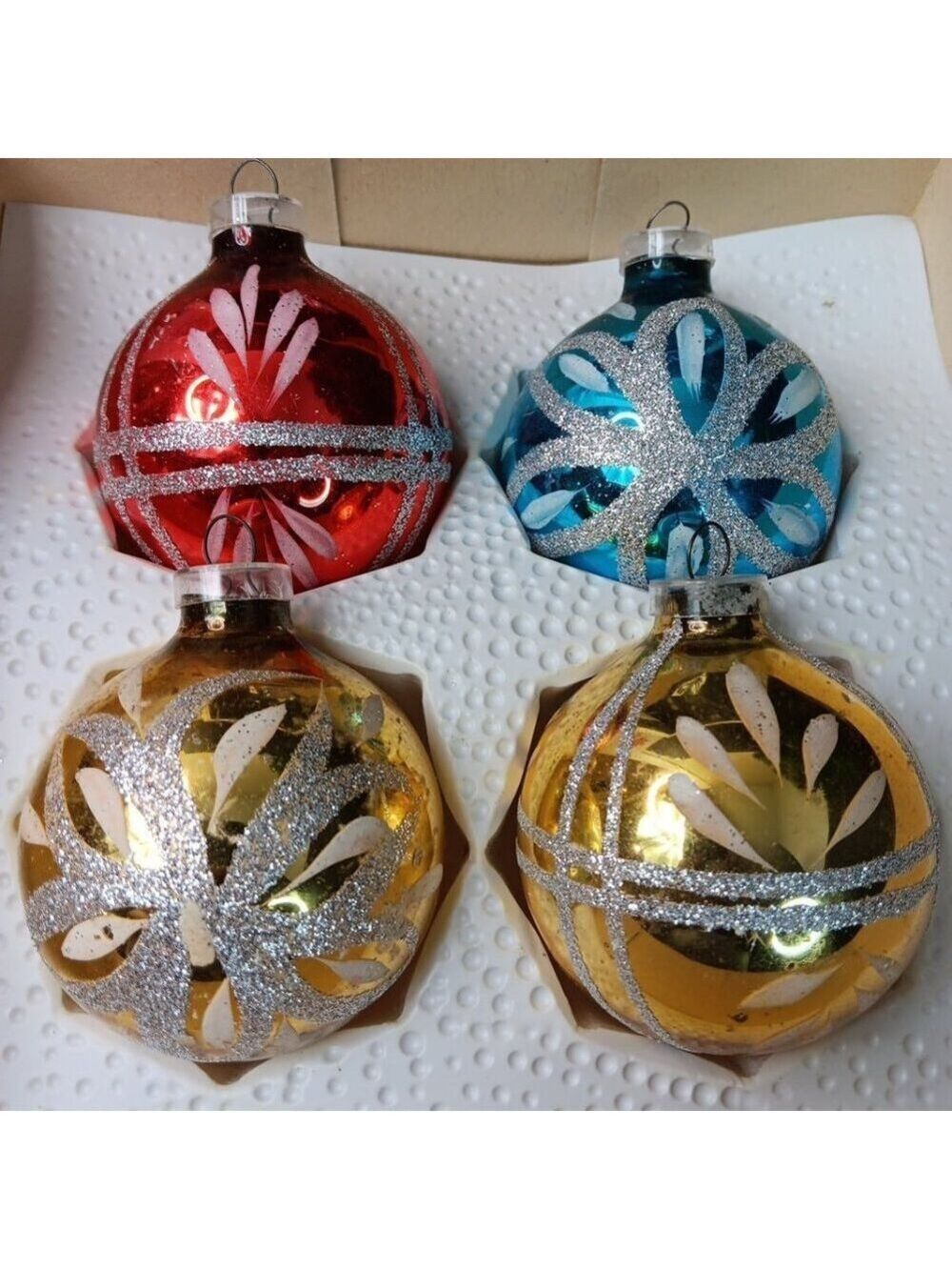 Vintage Western Germany 4 Christmas Ornaments Hand Painted Glass With Glitter